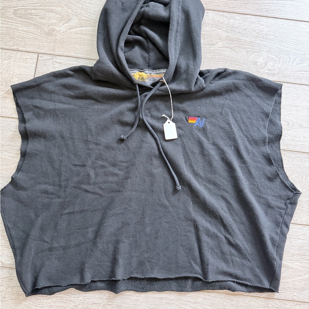 NWT S Aviator Nation Women's Black Sleeveless Cropped Hoodie